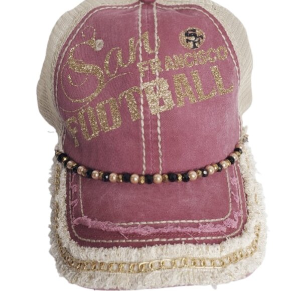 San Francisco Football Fitted Adj. Cap with Shiny Glitter, Beads & Swarovski Cry - Picture 3 of 6